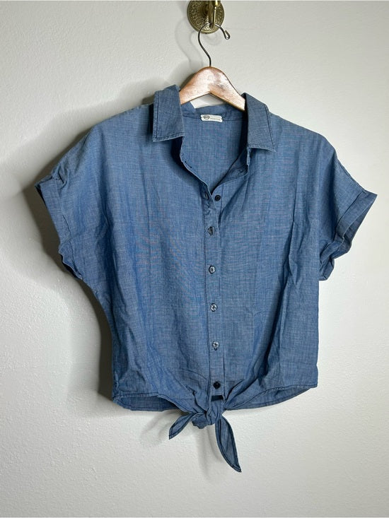 AG 100% Cotton Denim Chambray Button Down Tie Front Short Sleeve Boxy Blouse Top