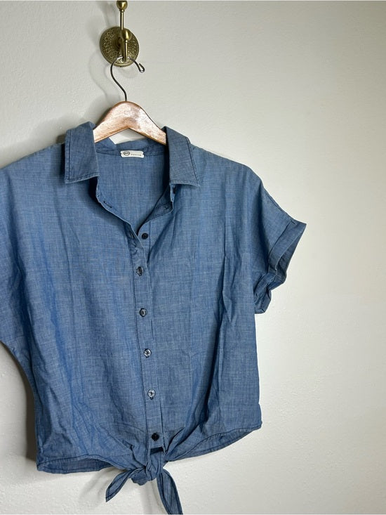 AG 100% Cotton Denim Chambray Button Down Tie Front Short Sleeve Boxy Blouse Top