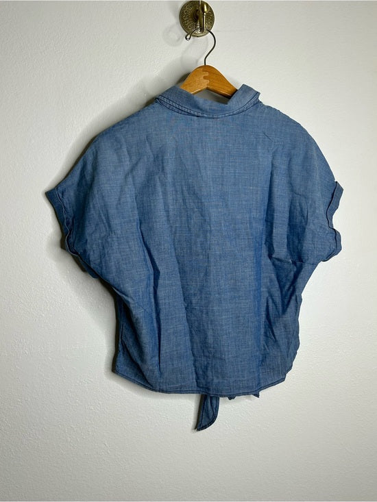 AG 100% Cotton Denim Chambray Button Down Tie Front Short Sleeve Boxy Blouse Top