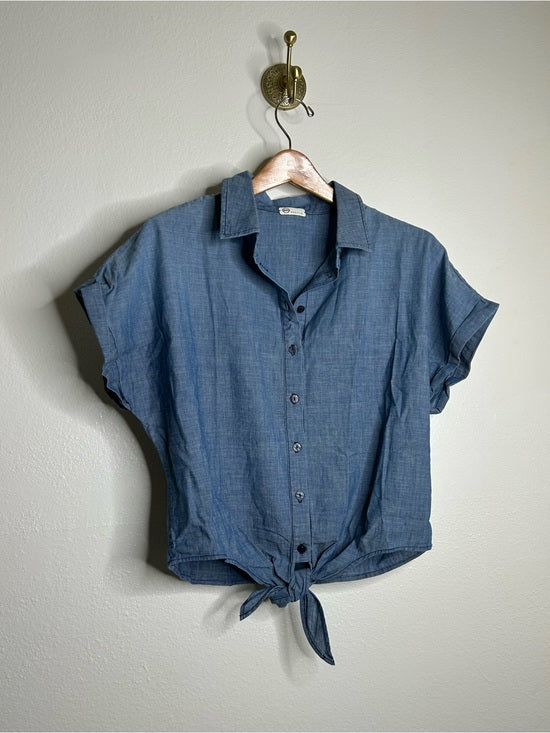 AG 100% Cotton Denim Chambray Button Down Tie Front Short Sleeve Boxy Blouse Top