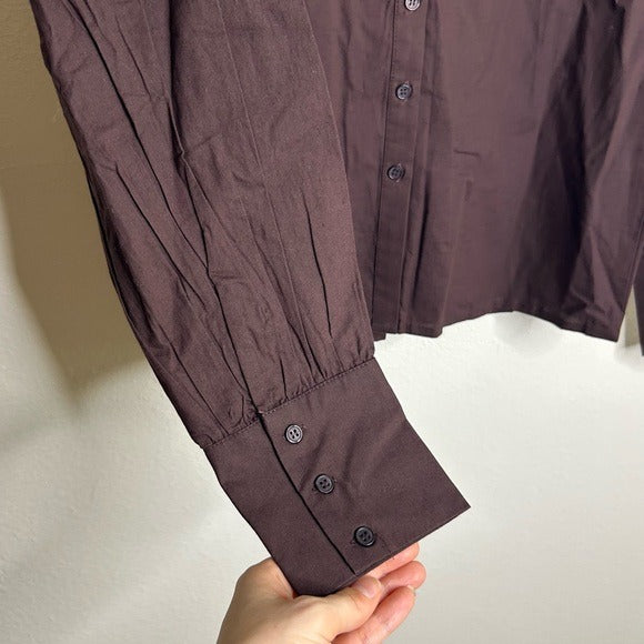 Ex Voto 100% Cotton Chocolate Brown Button Down Long Sleeve Blouse