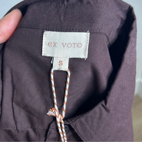 Ex Voto 100% Cotton Chocolate Brown Button Down Long Sleeve Blouse