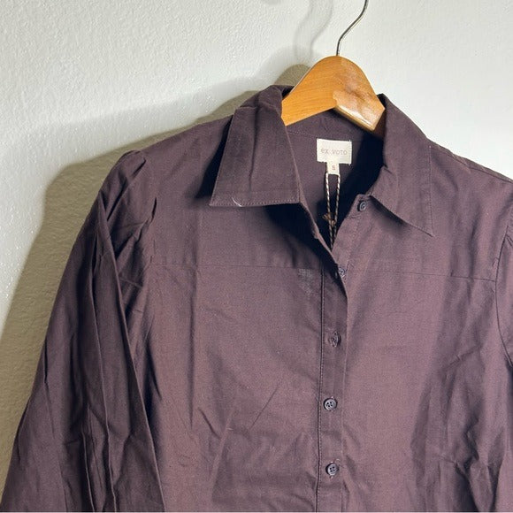 Ex Voto 100% Cotton Chocolate Brown Button Down Long Sleeve Blouse