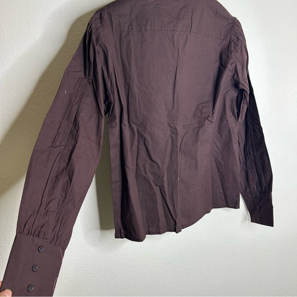 Ex Voto 100% Cotton Chocolate Brown Button Down Long Sleeve Blouse