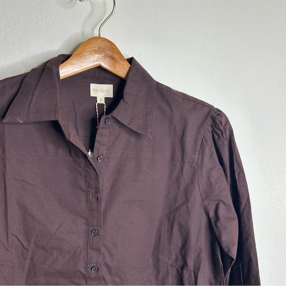 Ex Voto 100% Cotton Chocolate Brown Button Down Long Sleeve Blouse