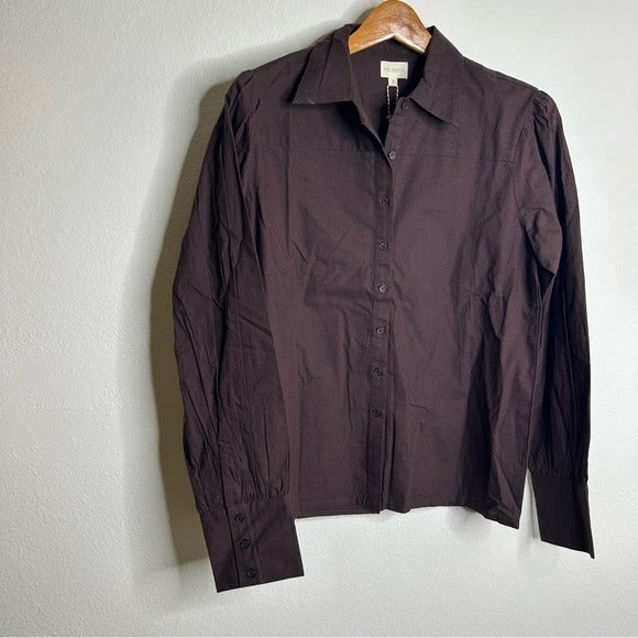 Ex Voto 100% Cotton Chocolate Brown Button Down Long Sleeve Blouse