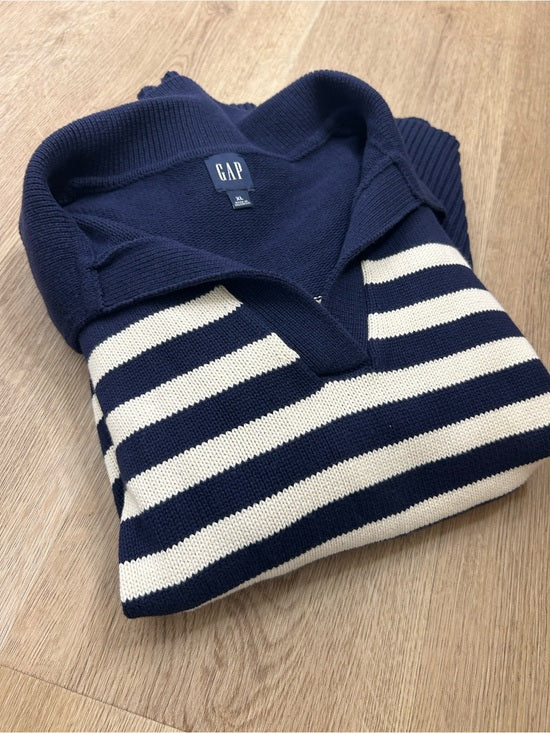 GAP GAP 100% Cotton Navy Cream Striped Polo V - Neck Thick Knit Oversized Sweater - Cotton