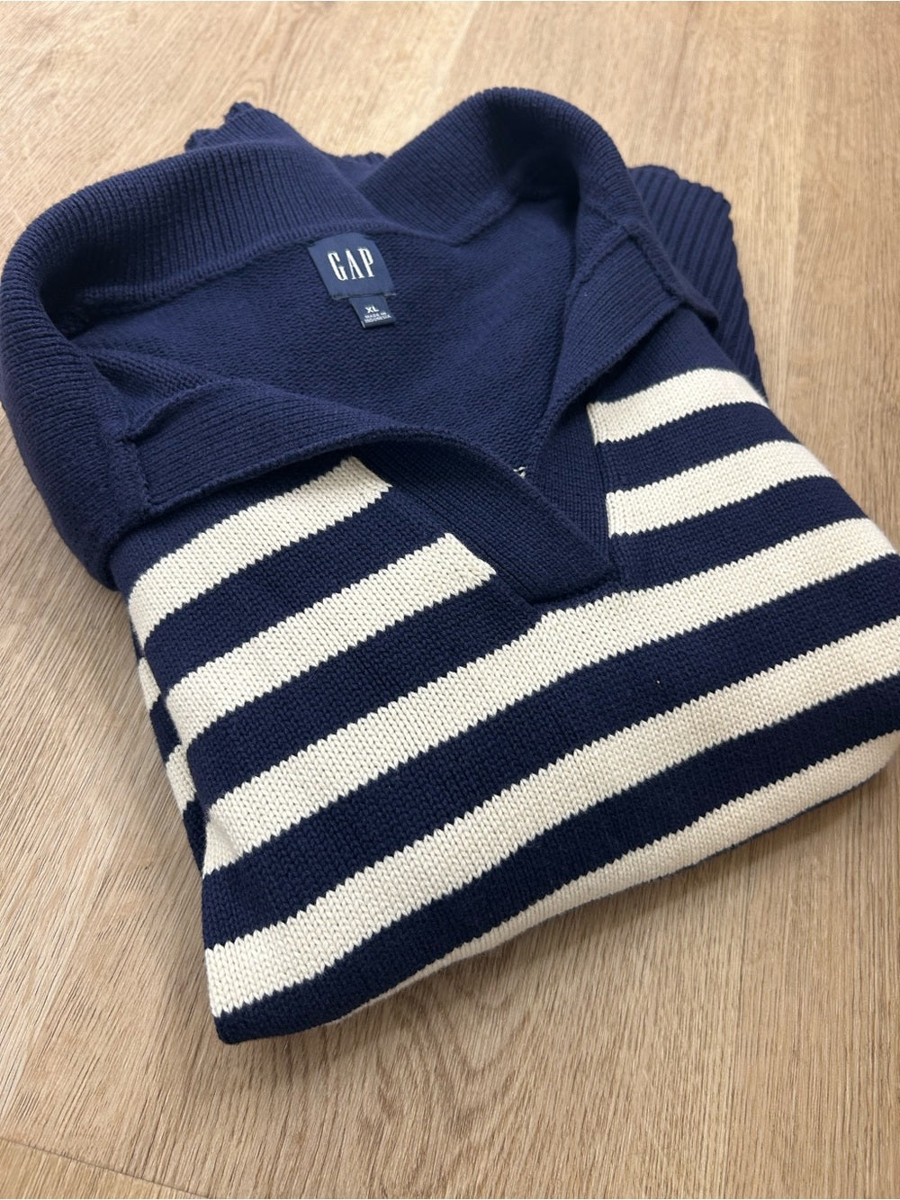 GAP GAP 100% Cotton Navy Cream Striped Polo V - Neck Thick Knit Oversized Sweater - Cotton