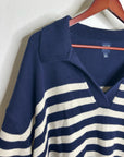 GAP 100% Cotton Navy Cream Striped Polo V - Neck Thick Knit Oversized Sweater