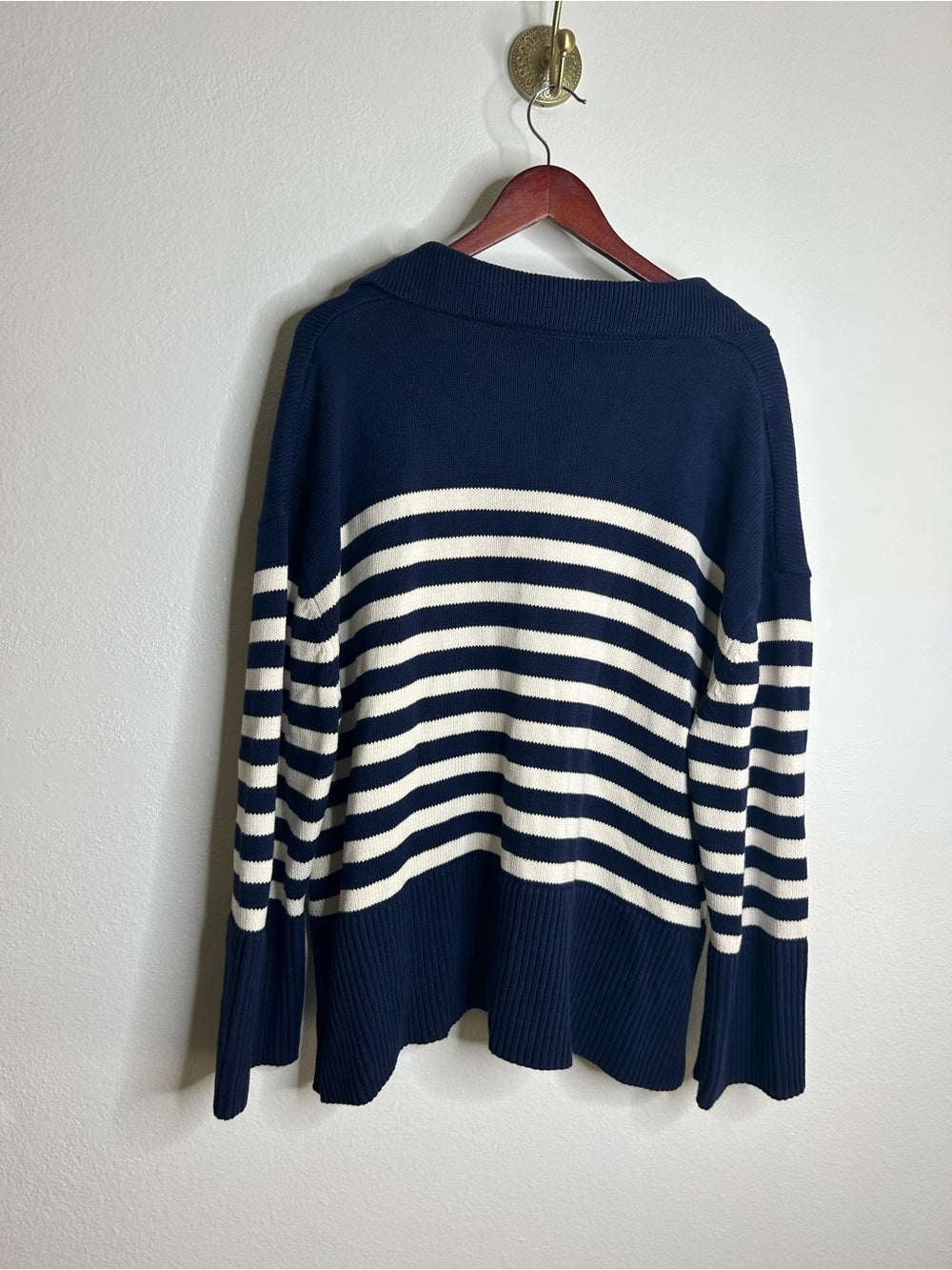 GAP 100% Cotton Navy Cream Striped Polo V - Neck Thick Knit Oversized Sweater