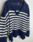 GAP 100% Cotton Navy Cream Striped Polo V - Neck Thick Knit Oversized Sweater