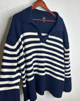 GAP 100% Cotton Navy Cream Striped Polo V - Neck Thick Knit Oversized Sweater