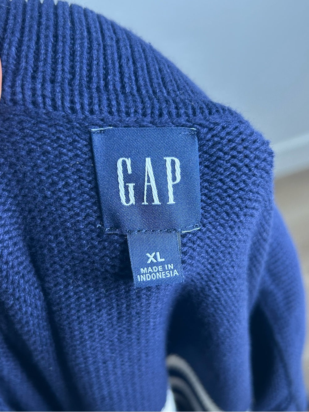 GAP 100% Cotton Navy Cream Striped Polo V - Neck Thick Knit Oversized Sweater