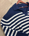 GAP 100% Cotton Navy Cream Striped Polo V - Neck Thick Knit Oversized Sweater