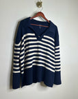GAP 100% Cotton Navy Cream Striped Polo V - Neck Thick Knit Oversized Sweater
