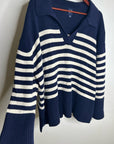 GAP 100% Cotton Navy Cream Striped Polo V - Neck Thick Knit Oversized Sweater