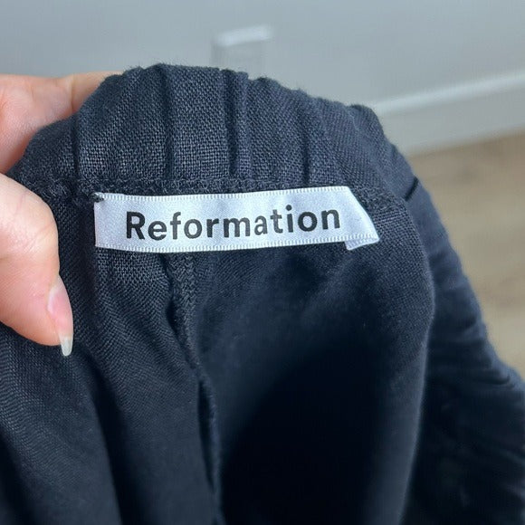 Reformation 100% Linen Black Straight Leg Drawstring Trouser Pant