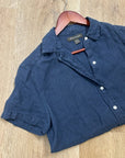 Tommy Bahama 100% Linen Navy Blue Short Sleeve Collared Button Down Top