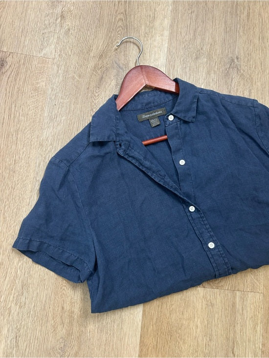 Tommy Bahama 100% Linen Navy Blue Short Sleeve Collared Button Down Top