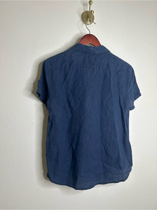 Tommy Bahama 100% Linen Navy Blue Short Sleeve Collared Button Down Top