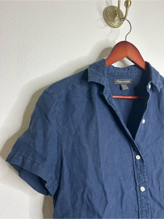 Tommy Bahama 100% Linen Navy Blue Short Sleeve Collared Button Down Top