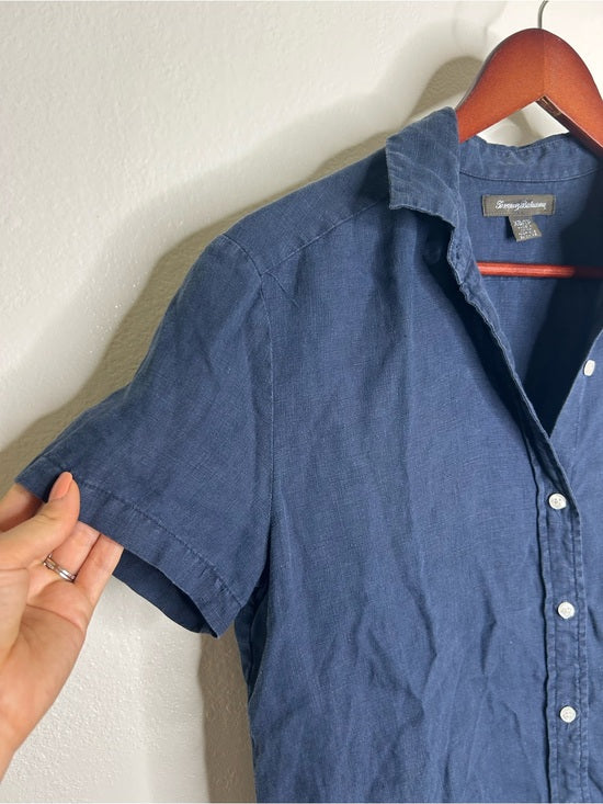 Tommy Bahama 100% Linen Navy Blue Short Sleeve Collared Button Down Top