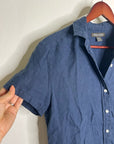 Tommy Bahama 100% Linen Navy Blue Short Sleeve Collared Button Down Top