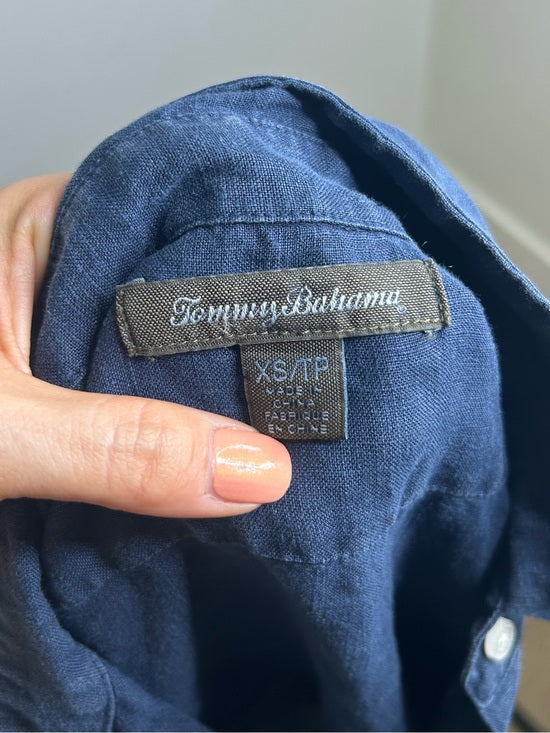 Tommy Bahama 100% Linen Navy Blue Short Sleeve Collared Button Down Top