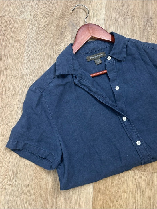Tommy Bahama 100% Linen Navy Blue Short Sleeve Collared Button Down Top