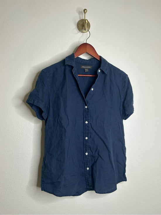 Tommy Bahama 100% Linen Navy Blue Short Sleeve Collared Button Down Top