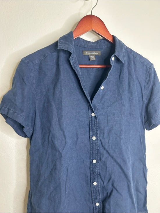 Tommy Bahama 100% Linen Navy Blue Short Sleeve Collared Button Down Top