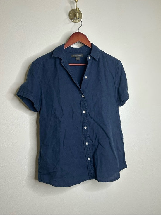 Tommy Bahama 100% Linen Navy Blue Short Sleeve Collared Button Down Top