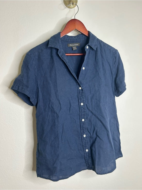 Tommy Bahama 100% Linen Navy Blue Short Sleeve Collared Button Down Top