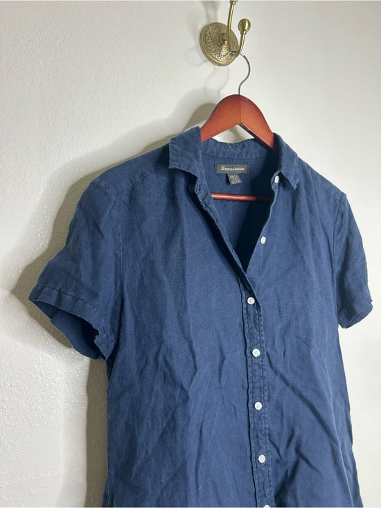 Tommy Bahama 100% Linen Navy Blue Short Sleeve Collared Button Down Top
