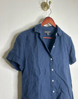 Tommy Bahama 100% Linen Navy Blue Short Sleeve Collared Button Down Top