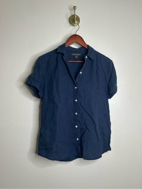 Tommy Bahama 100% Linen Navy Blue Short Sleeve Collared Button Down Top