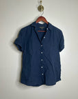 Tommy Bahama 100% Linen Navy Blue Short Sleeve Collared Button Down Top