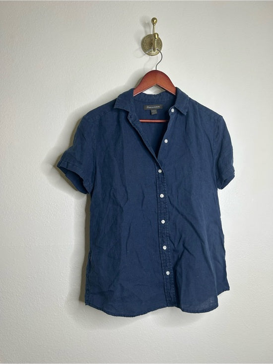 Tommy Bahama 100% Linen Navy Blue Short Sleeve Collared Button Down Top