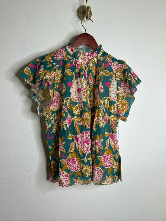 Trovata Cotton Ramie Carla High Neck Floral Short Sleeve Blouse Top