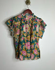 Trovata Cotton Ramie Carla High Neck Floral Short Sleeve Blouse Top