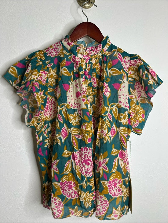 Trovata Cotton Ramie Carla High Neck Floral Short Sleeve Blouse Top