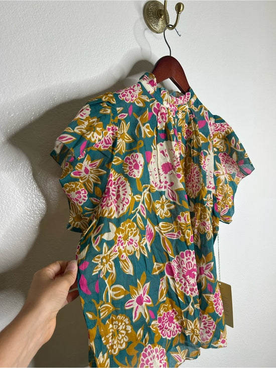 Trovata Cotton Ramie Carla High Neck Floral Short Sleeve Blouse Top