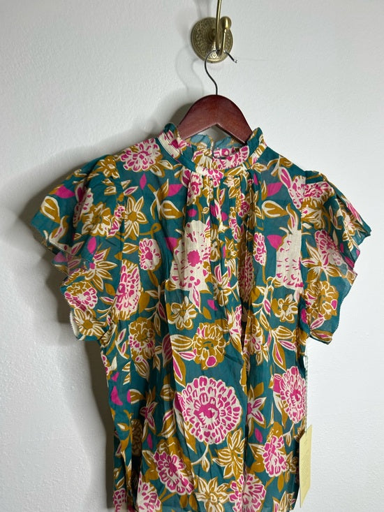 Trovata Cotton Ramie Carla High Neck Floral Short Sleeve Blouse Top