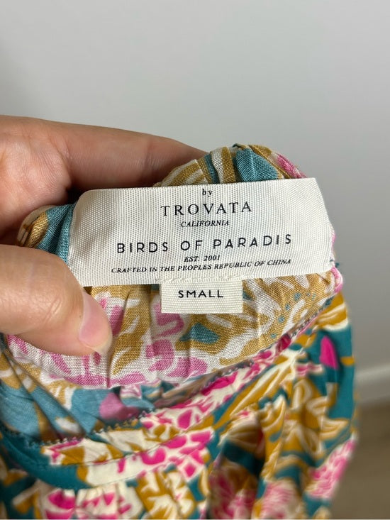 Trovata Cotton Ramie Carla High Neck Floral Short Sleeve Blouse Top