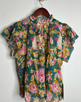 Trovata Cotton Ramie Carla High Neck Floral Short Sleeve Blouse Top