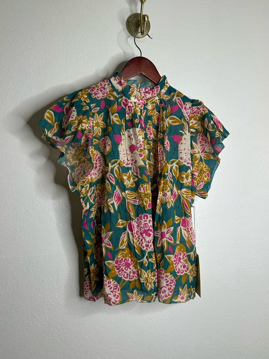 Trovata Cotton Ramie Carla High Neck Floral Short Sleeve Blouse Top