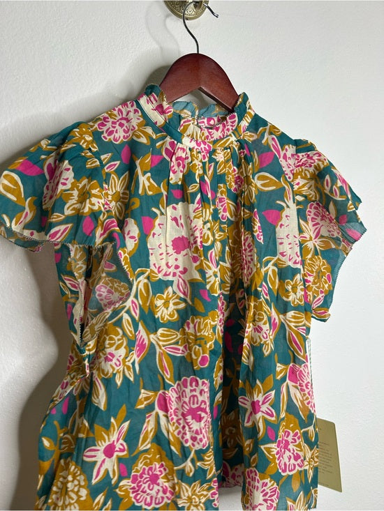 Trovata Cotton Ramie Carla High Neck Floral Short Sleeve Blouse Top