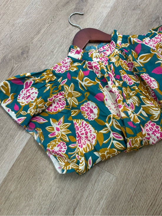 Trovata Cotton Ramie Carla High Neck Floral Short Sleeve Blouse Top