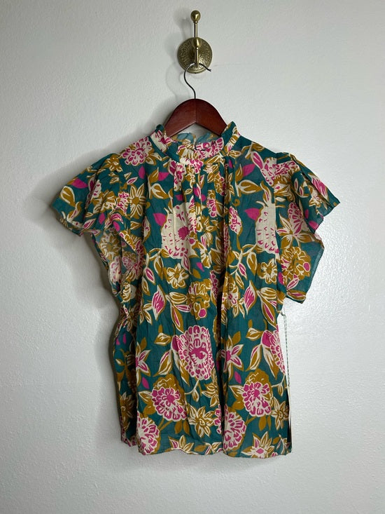 Trovata Cotton Ramie Carla High Neck Floral Short Sleeve Blouse Top