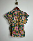 Trovata Cotton Ramie Carla High Neck Floral Short Sleeve Blouse Top